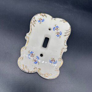 Vintage Ceramic Light Switch Cover Plate Blue Floral Gold Accents Romantic 1970s